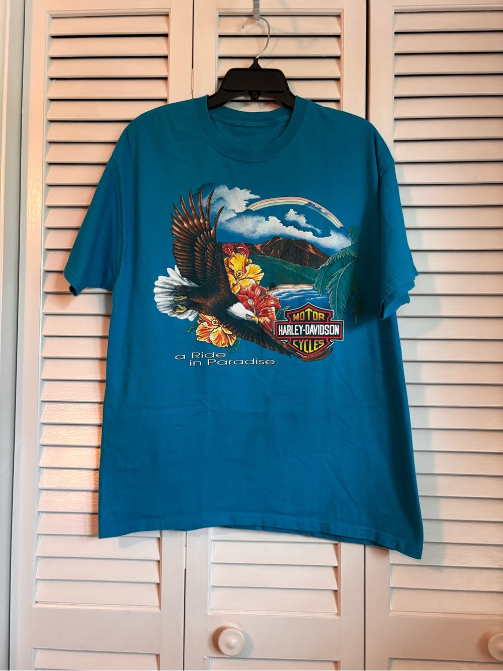 VTG Prized Harley-Davidson Teal Eagle & Tropical Graphic Tee A Ride in Paradise